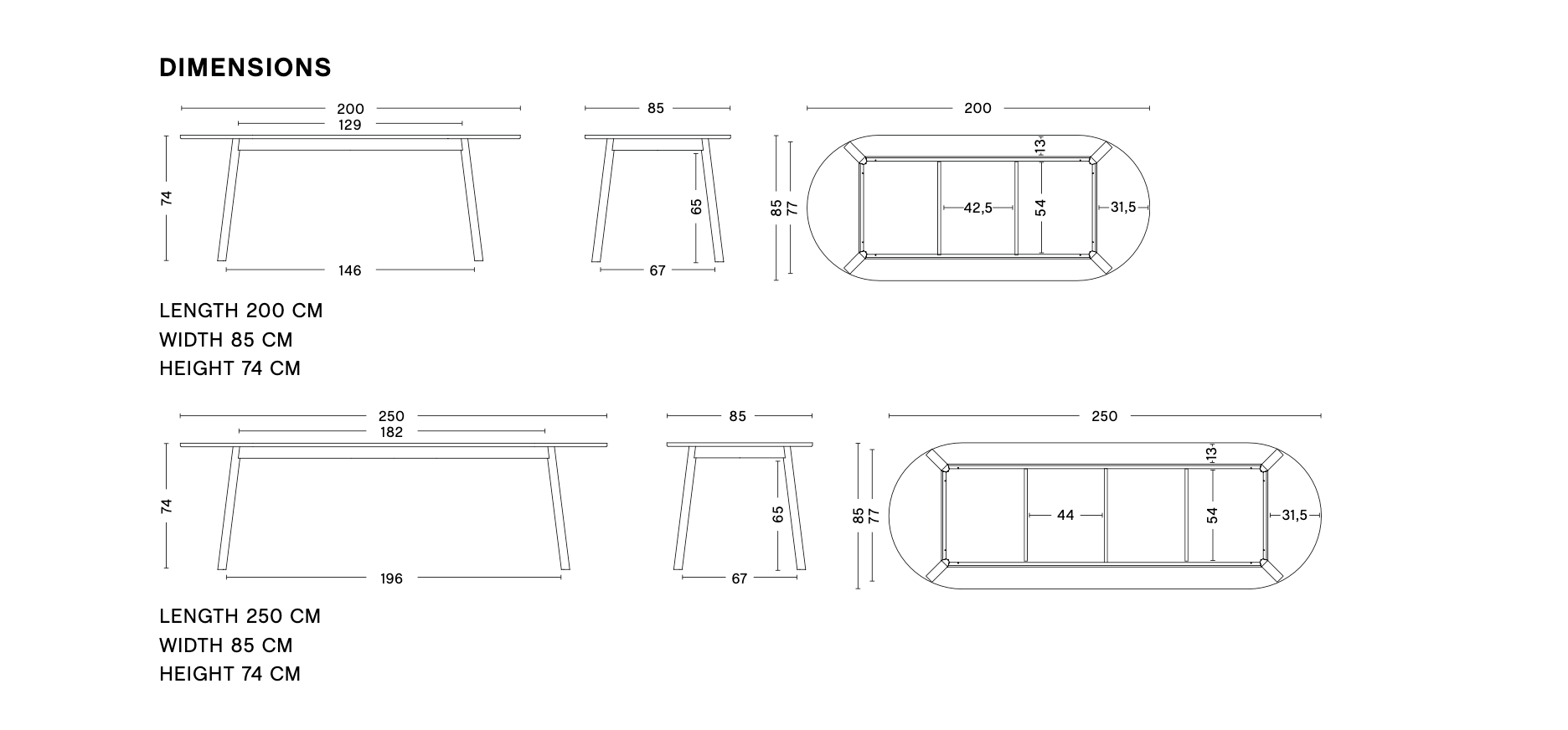 Dimensions of TRIANGLE LEG TABLE